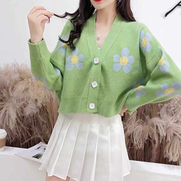 

women's fashion flower knitted cardigan casual v-neck long sleeve sweater 2020 autumn winter thicken elegant sweaters, White;black