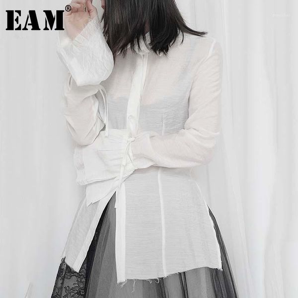 

women's blouses & shirts [eam] women white pleated thin blouse lapel long lantern sleeve loose fit shirt fashion tide spring summer 202