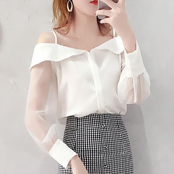 

heliar blouse women off shoulder spaghetti transparent organza blouses buttoned up adjust straps blouse for women 2020 autumn, White