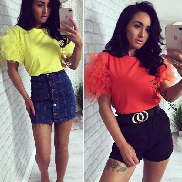 

women boho summer mesh tulle beach ruffle puff short sleeve t-shirt lady loose casual crop evening party fashion shirt new, White