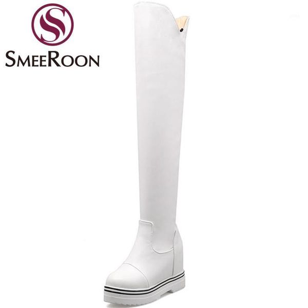 

boots smeeroon height increasing over the knee round toe fashion solid color silp on women shoes sweet warm winter1, Black