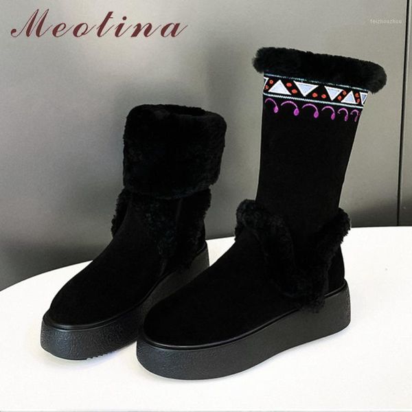 

meotina winter real fur snow boots women cow suede flat platform mid calf boots warm plush zipper shoes ladies black size 34-391