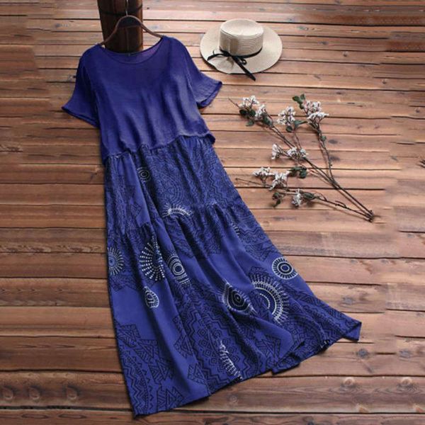

round 2019 neck women's loose short large sleeve national style printed two-piece long skirt, Black;gray
