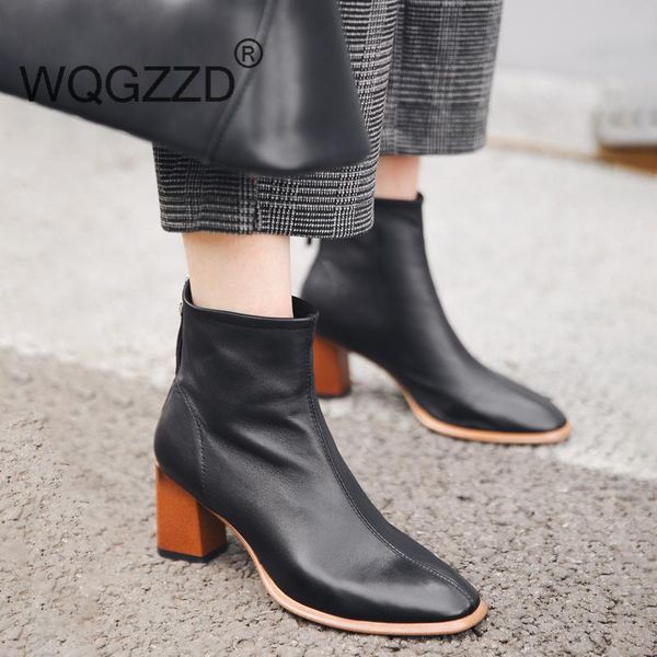 

boots bottes femme high heels shoes women's ankle sheep leather solid color round toe keep warm zapatos mujer, Black