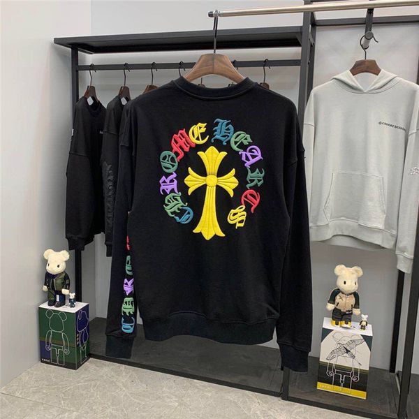 

crosin hoodie fashion ch horseshoe cross foam printed round neck pullover for men and women, Black