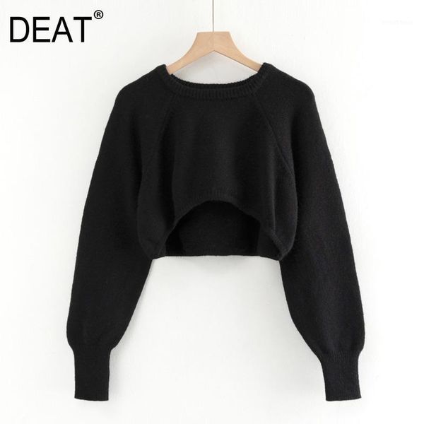 

deat] 2020 spring autumn new fashion solid color long sleeve round neck pullover loose women knitting short sweater 13u7871, White;black