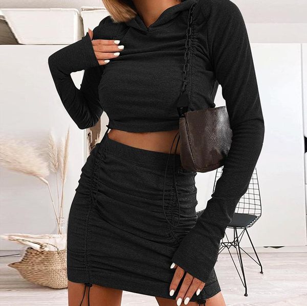 

2pcs skirt set women solid color long sleeve hooded drawstring crop mini skirt for female ladies autumn spring clothes new, Gray