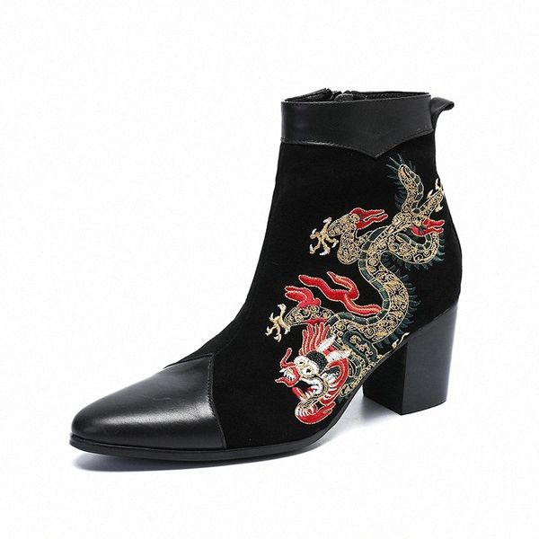 

genuine leather men boots short ankle dress boots black suede embroidery with totem zip gentleman boots men party botas homb #a71w