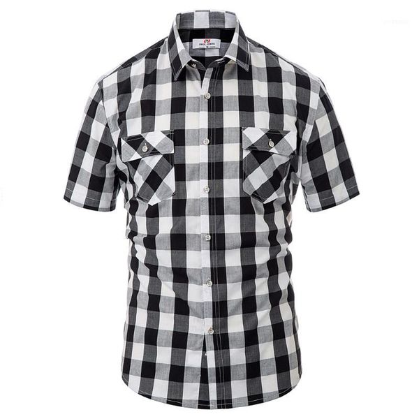 

mens stylish casual shirt grid checked short sleeve square collar cotton 1, White;black