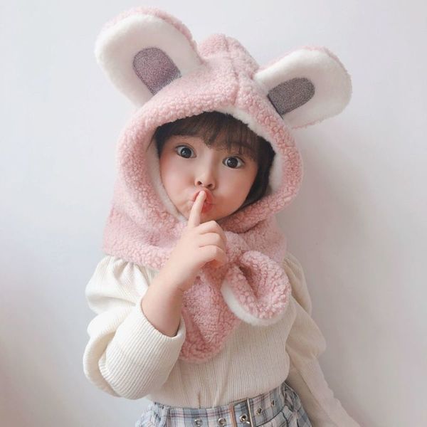 

rabbit hat autumn children's winter imitation cartoon boys and girls neckband korean pure color baby plush one cap, Red;brown