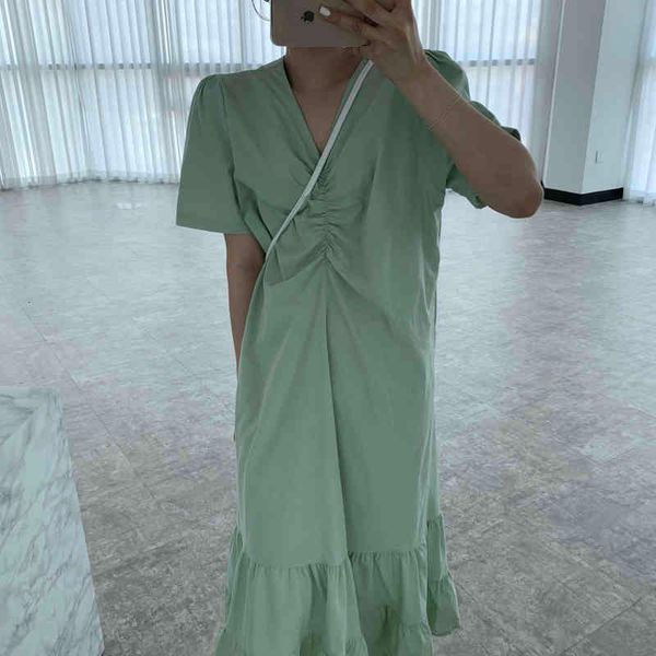 

chic female dress spring elegant solid v-neck shirring design loose ruffles stitching short sleeves dresses, Black;gray