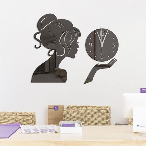 

dishykooker diy fashion modern girl shape mute mirror surface acrylic wall clock sticker for indoor decor1