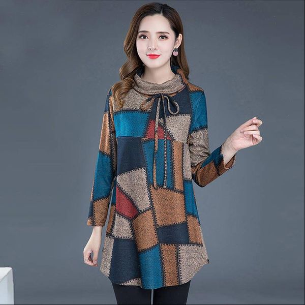 

tunic women long sleeve plus size vintage blouse turtleneck plaid autumn winter warm thicken shirt clothes ladies casual, White