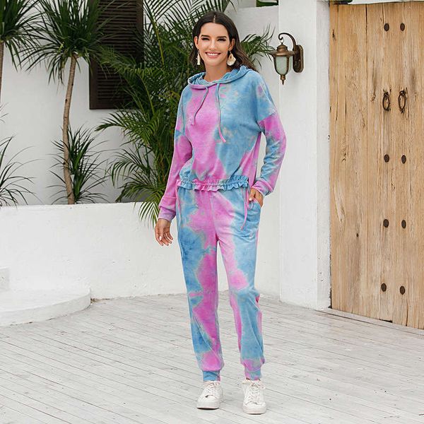 

tie dye home wear sportswear casual drawstring hooded sweater long sleeve suit women, Gray