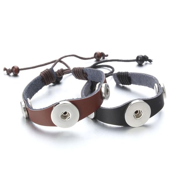 

new fashion adjustable leather bracelets black brown with 1pcs 18mm button +2pcs 12mm button diy snap jewelry for wom bbyann, Golden;silver