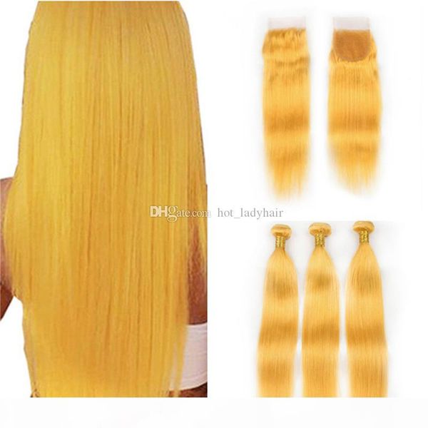 

silky straight yellow human hair lace closure and bundles deals light yellow virgin peruvian hair weaves with part closure, Black;brown