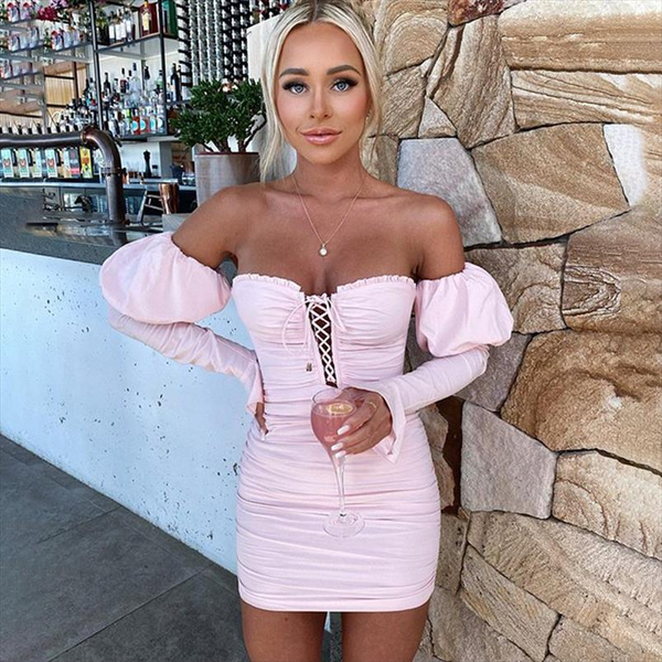 

dgirl hollow out pink party dress women puff sleeve off the shoulder fashion strap zipper ruched outfit short bodycon dress, Black;gray