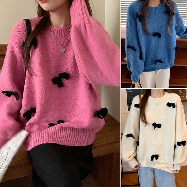 

women's bowknot design sense versatile pullover knitted sweater, White;black