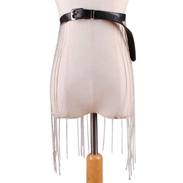 

hip hop women pu waist belt fashion wide metal chain tassel fringe waistband pin buckle corset strap ladies shirt coat belt 2020, Black;brown