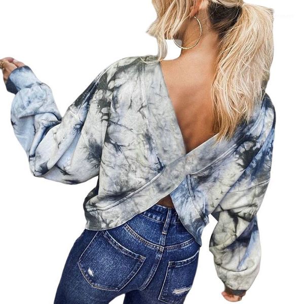 

women's polos 2021 fashion women navy blue printed t-shirt long sleeve deep v-neck loose cozy pullover two ways to wear spring1, White