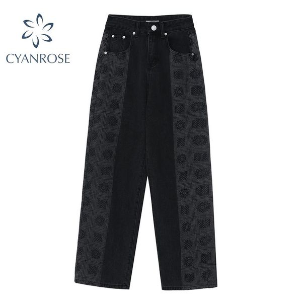 

women's jeans vintage print long denim pants women 2021 autumn winter high waist wide straight trousers female fashion oversized, Blue