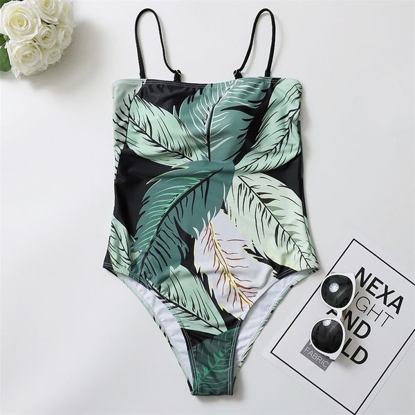 

off shoulder one piece swimwear women push up swimsuit female jumpsuit strapless bathing suit leaf print bikini beach y200824, White;black
