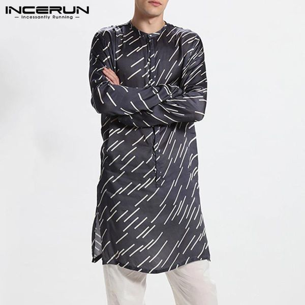

men's casual shirts incerun vintage printed men shirt long sleeve stand collar muslim kaftan streetwear mens kurtas s-5xl1, White;black