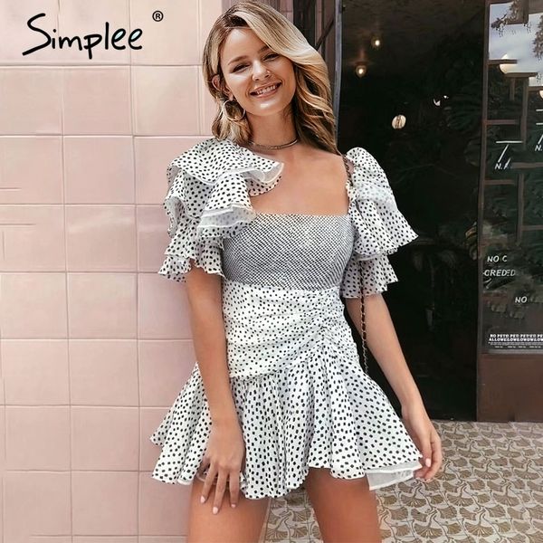 

simplee square neck ruffle sleeve puff dress polka dot print dresses women boho retro hippie short party dresses vestidos y200102, White;black