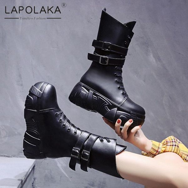 

lapolaka 2021 motorcycle boots women shoes platform belt buckle zipper shoelaces comfy dropship cool boots ladies, Black
