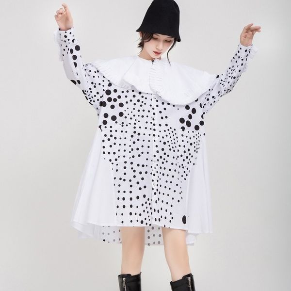 

new 2021 female designer ragged girly dots printed frilly peter collar cotton gowns big size loose lady dress 07p9, Black;gray