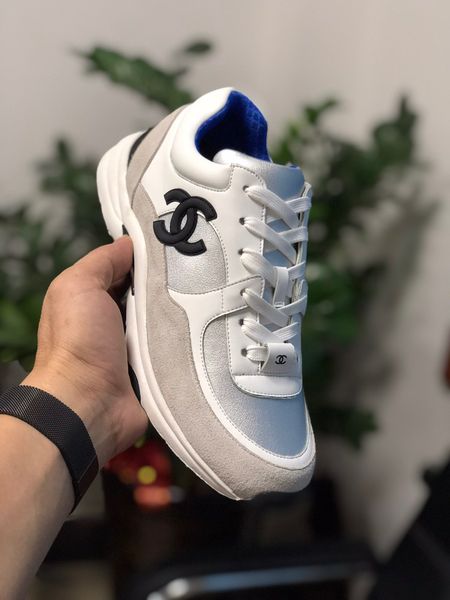 

designer womens sneakers luxury grey white sliver blue stitching round head flat heel with box size 34-40, Black