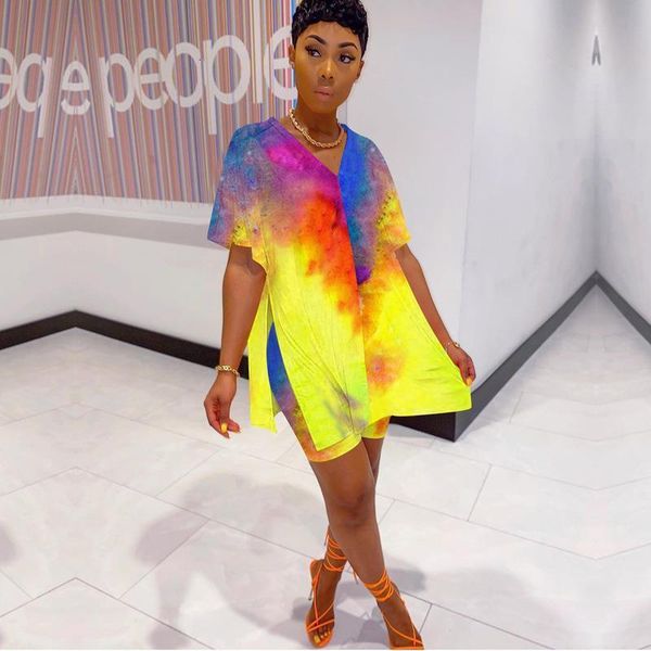 

summer tie dye two piece set women clothes batwing sleeve v neck t shirt biker shorts set lounge wear women 2, Gray