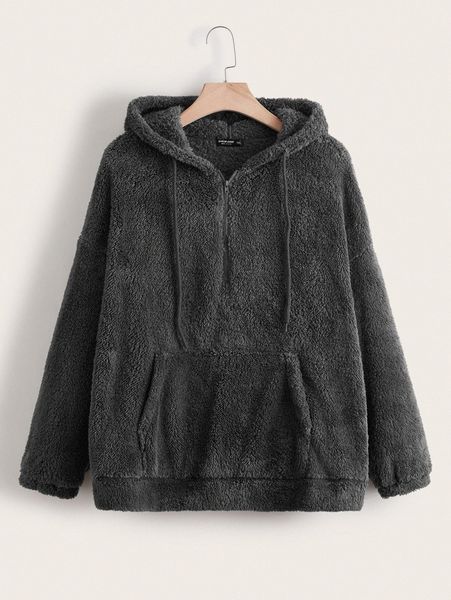 

plus kangaroo pocket drop shoulder drawstring flannel hoodie r8z0#, Black