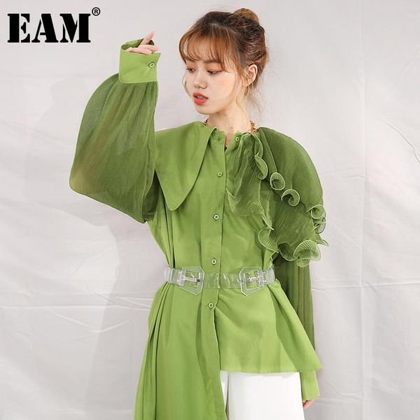 

eam] women green pleated irregular big size long blouse new lapel long sleeve loose shirt fashion spring autumn 2021 1da21801, White