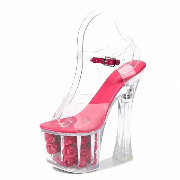 

wedding shoes women model shoes thick heels super high heels 17cm roses waterproof fishmouth sandals transparent crystal #pn2c, Black