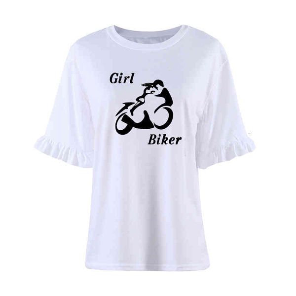 

powerful girl biker print t shirt funny o-neck tees women clothing casual petal sleeve vintage camisetas streetwear, White