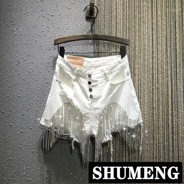 

europe 2020 summer new high waist row buckle rhinestone tassel chain slim white denim shorts women students jean shorts1, Blue