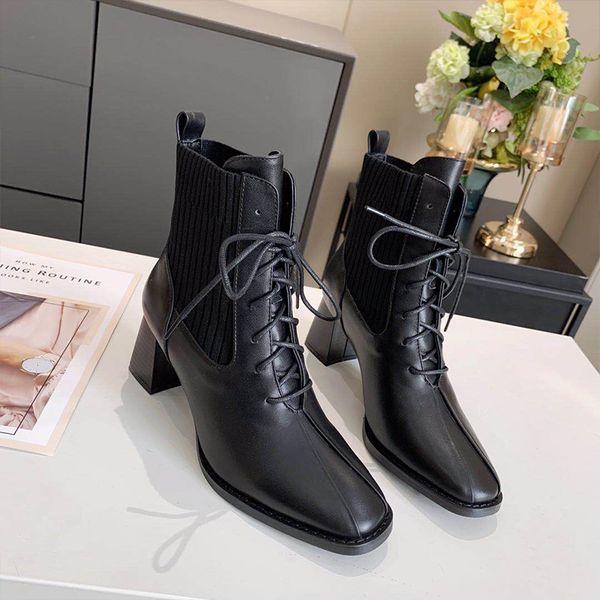 

designer womens boots luxury black leather stitching knitted elastic stockings lace-up high heel with box size 35-39