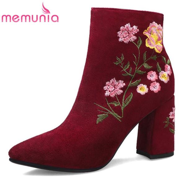 

boots memunia 2021 est high heels party wedding shoes ladies embroider pointed toe short autumn winter ankle women, Black