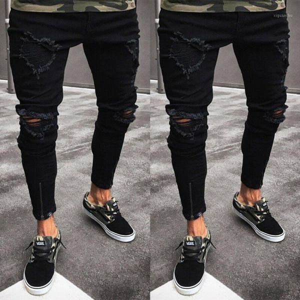 

mens cool designer brand black jeans skinny ripped destroyed stretch slim fit hip hop pants with holes1, Blue