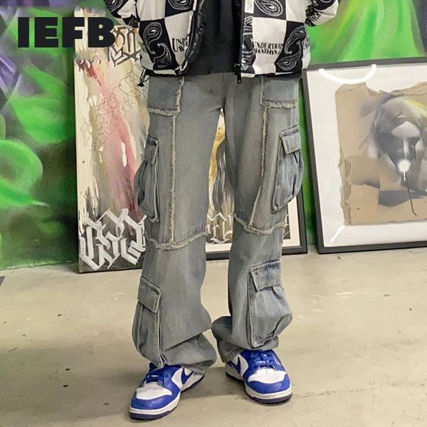 

men's jeans iefb 2021 trousers pocket washed vintage streetwear fashion straight men ins tide loose wide leg pants 9y5135, Blue