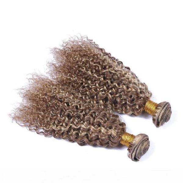 

piano #8 613 mixed color peruvian virgin human hair 3pcs kinky curly light brown highlight blonde two tone human hair weave bundles, Black;brown