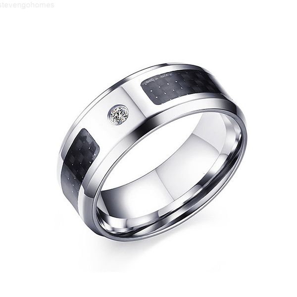 

8mm 316l band stainless wedding steel engagement men's ring with black carbon fiber inaly & cubic zirconia, Silver