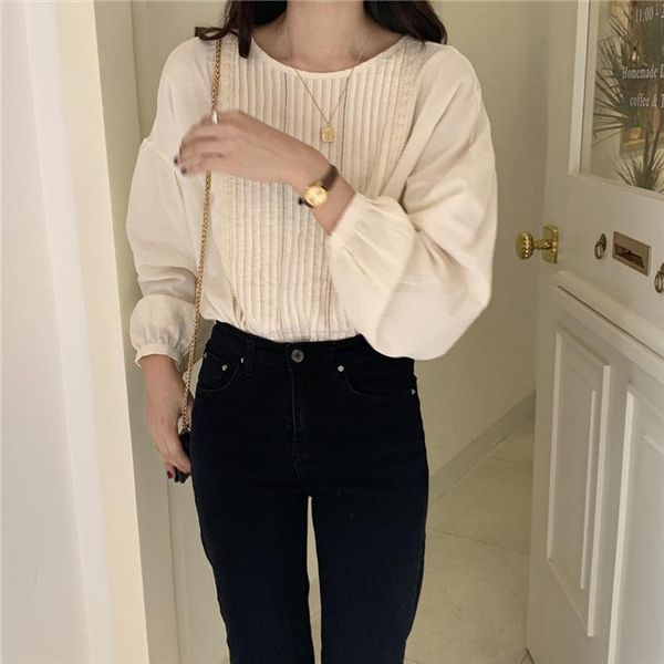 

apricot pleated o neck gentle cotton korean 2020 large size office lady elegant full sleeved all match shirts, White
