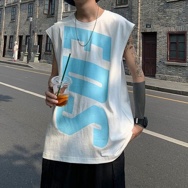 

men' tank men' wear 2021 summer loose round collar for male cotton sleeveless alphabet printing pullover big size 5x1, White;black