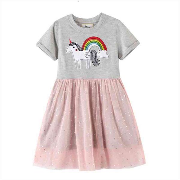 

jumping meters unicorn applique cotton princess dresses for summer baby clothes rainbow cute tutu mesh childrens frocks, Red;yellow