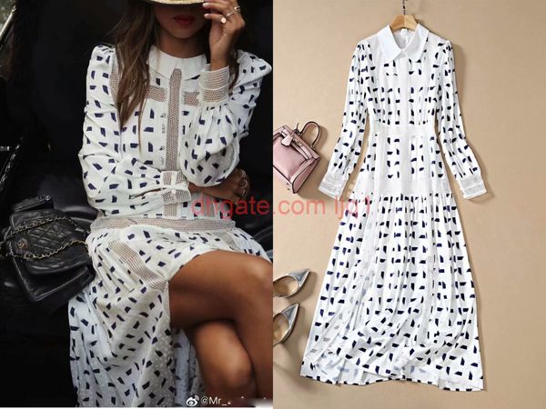 

spring star with the same lapel long-sleeved stitching print dress, Black
