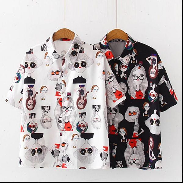 

summer women casual retro summer cartoon print slim short sleeve lapel single buckle casual blousew drop shipping, White