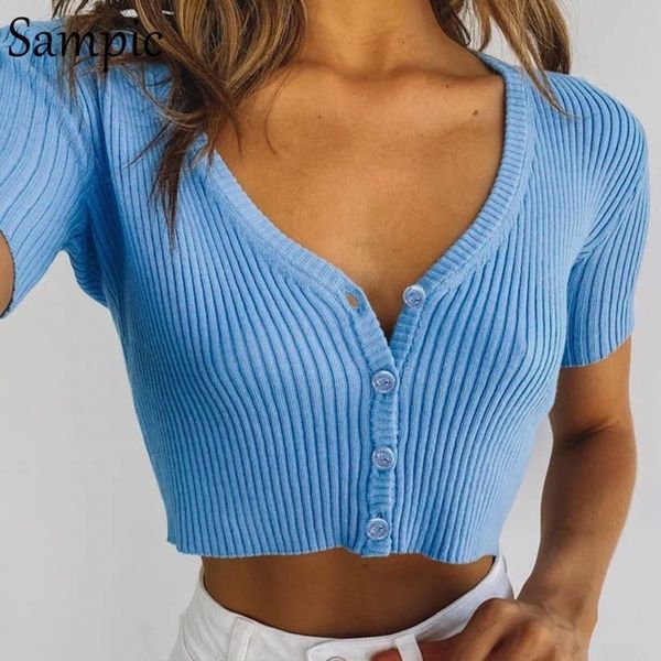 

sampic fashion summer v neck casual womens and blouses short sleeve club button knitting blouse shirt femme y200622, White