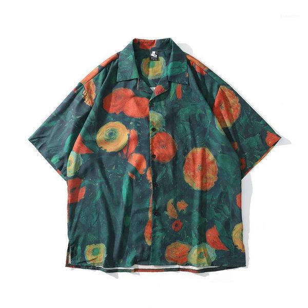 

men's shirt short sleeve harajuku retro loose-fitting couples shirt short sleeve hip hop cardigan1, White;black